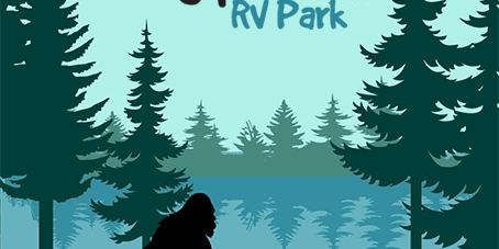 A bigfoot king town rv park poster with trees and a forest.
