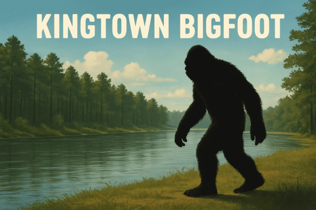 Kingtown Bigfoot silhouette walking beside river